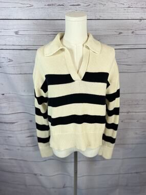 Velvet by Graham & Spencer Lucie Cream Black Striped Collared V-Neck Sweater S